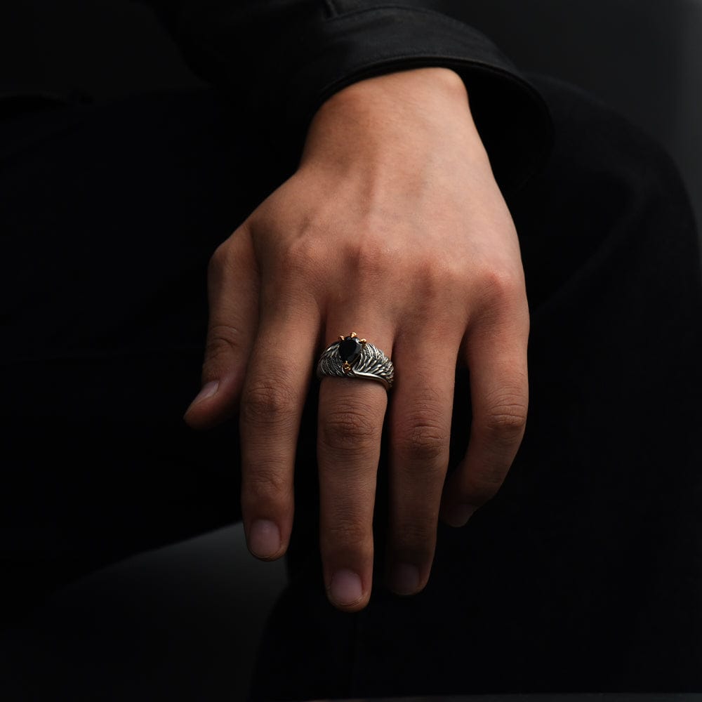 Valeria Montes Plata / Universal ajustable Anillo Vintage de Águila con Alas de Ónix Negro