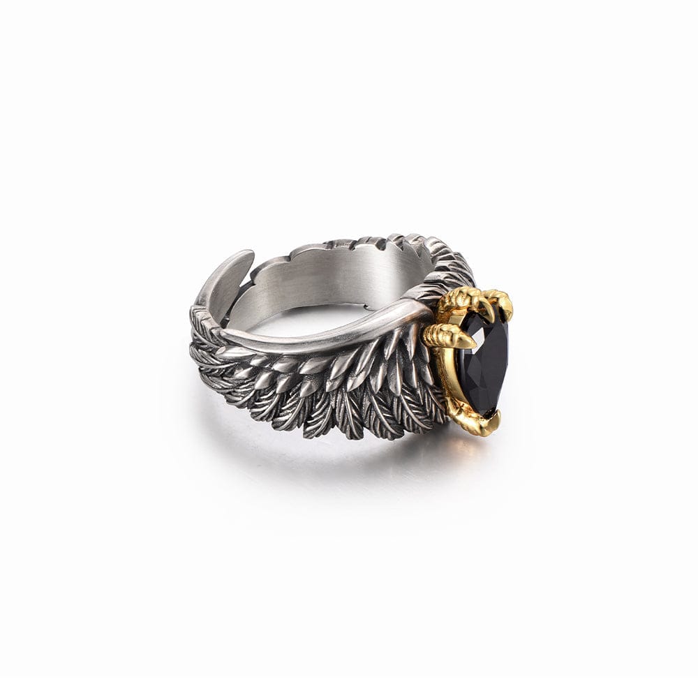 Valeria Montes Plata / Universal ajustable Anillo Vintage de Águila con Alas de Ónix Negro