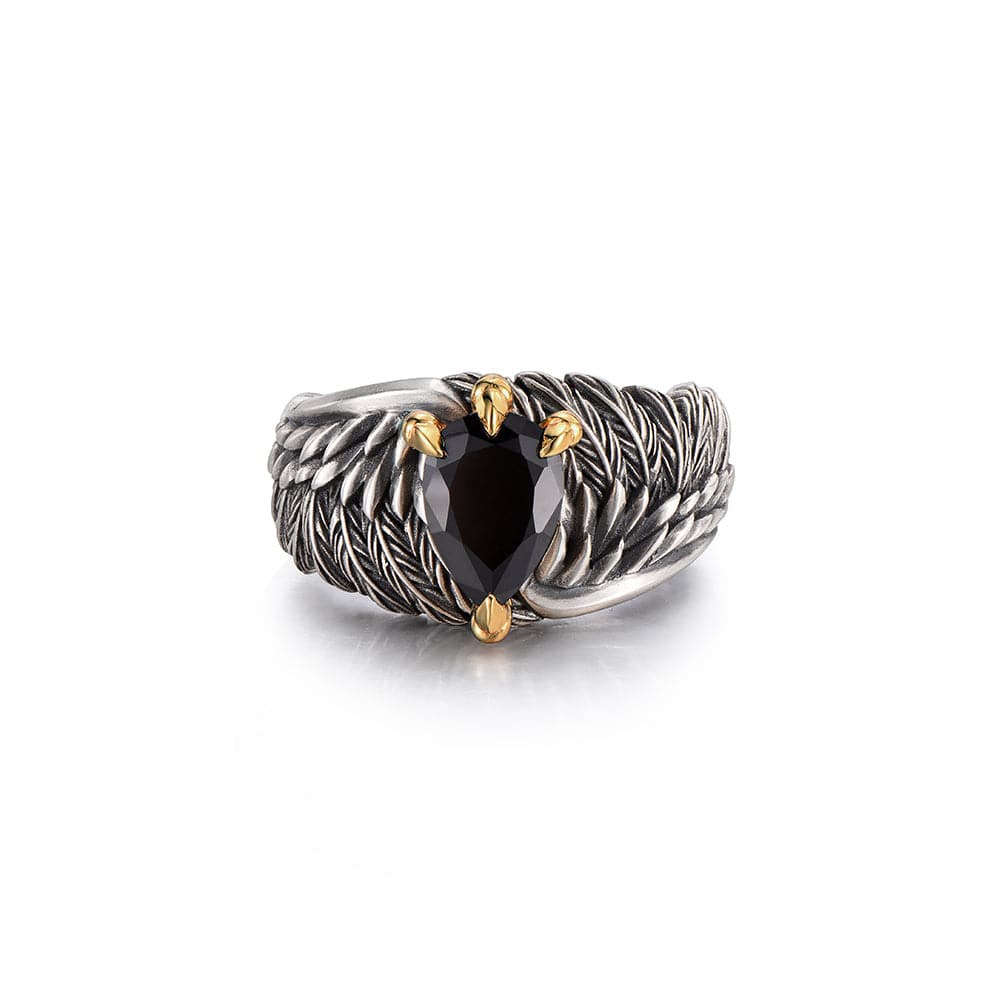 Valeria Montes Plata / Universal ajustable Anillo Vintage de Águila con Alas de Ónix Negro