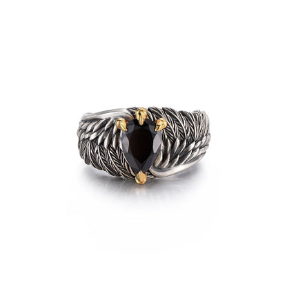 Valeria Montes Plata / Universal ajustable Anillo Vintage de Águila con Alas de Ónix Negro