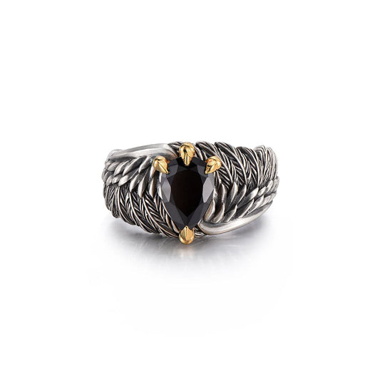 Valeria Montes Plata / Universal ajustable Anillo Vintage de Águila con Alas de Ónix Negro