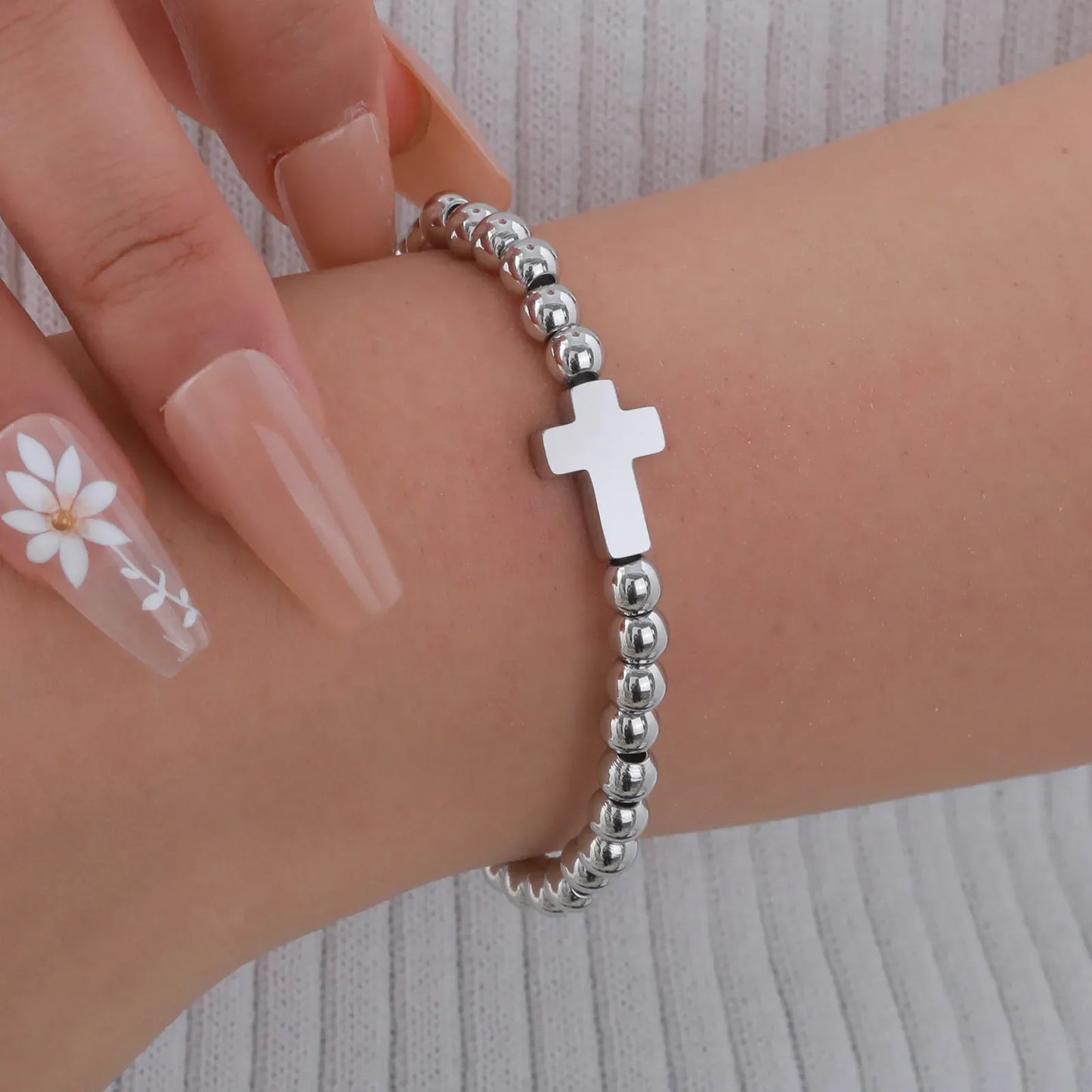 Valeria Montes Pulsera cruzada elástica minimalista para mujer, pulseras de cuentas redondas, regalo de joyería impermeable de acero inoxidable