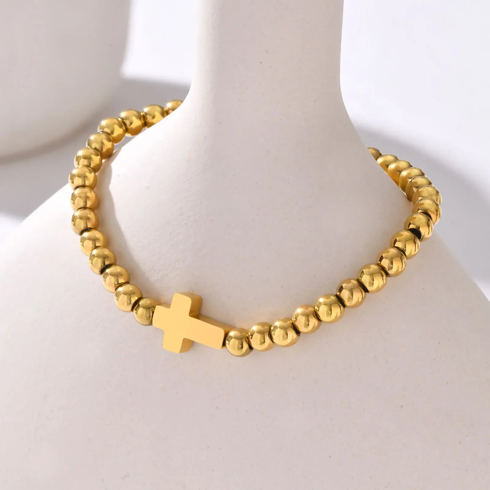 Valeria Montes Pulsera cruzada elástica minimalista para mujer, pulseras de cuentas redondas, regalo de joyería impermeable de acero inoxidable