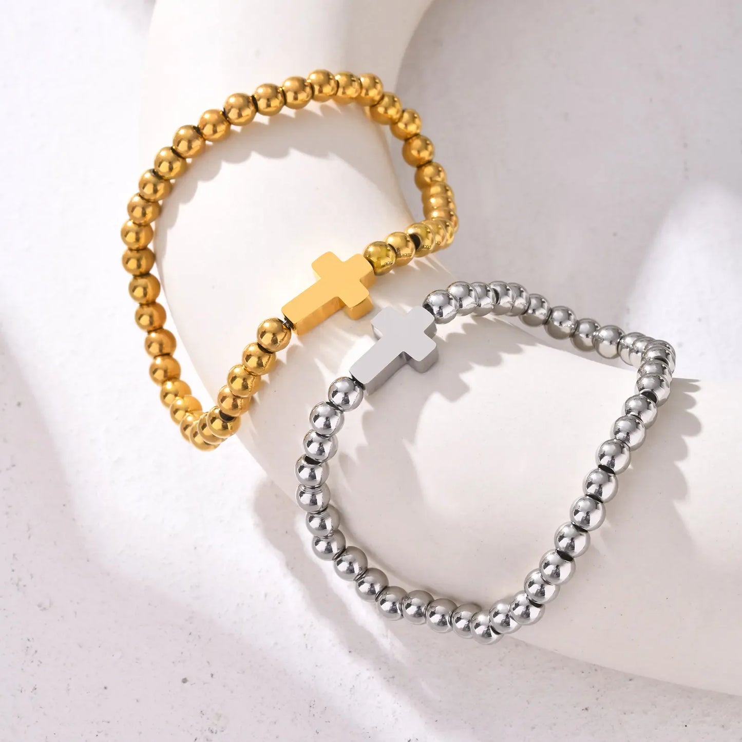 Valeria Montes Pulsera cruzada elástica minimalista para mujer, pulseras de cuentas redondas, regalo de joyería impermeable de acero inoxidable