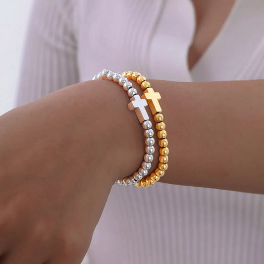Valeria Montes Pulsera cruzada elástica minimalista para mujer, pulseras de cuentas redondas, regalo de joyería impermeable de acero inoxidable