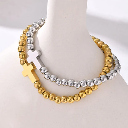 Valeria Montes Pulsera cruzada elástica minimalista para mujer, pulseras de cuentas redondas, regalo de joyería impermeable de acero inoxidable