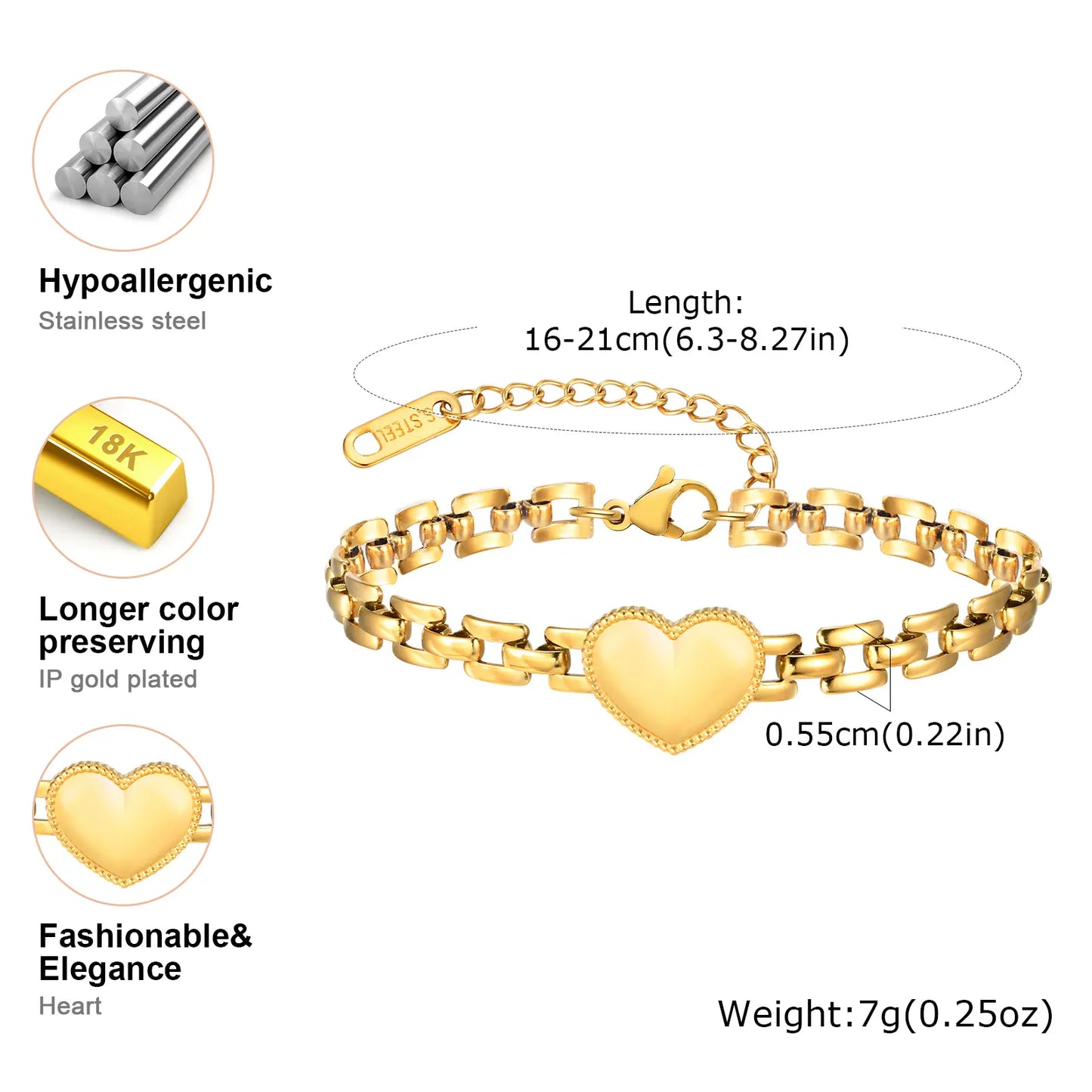 Valeria Montes Pulsera de corazón de amor de moda para mujer, pulseras de cadena con correa de acero inoxidable, joyería de fiesta exquisita, regalo del día de la madre