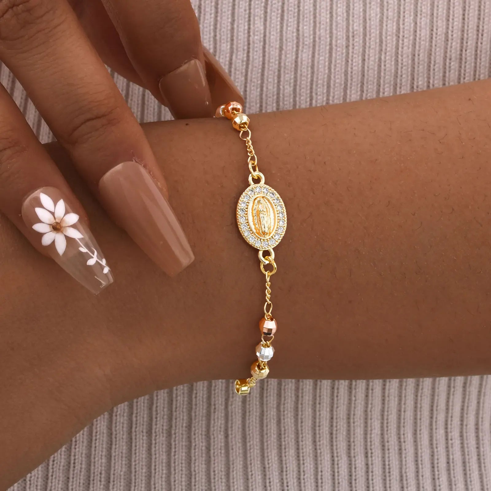 Valeria Montes Pulsera Vnox Rosario Virgen María para mujer, joyería de cuentas de oración, accesorios cruzados de acero inoxidable, pulsera, regalos de mano religiosos