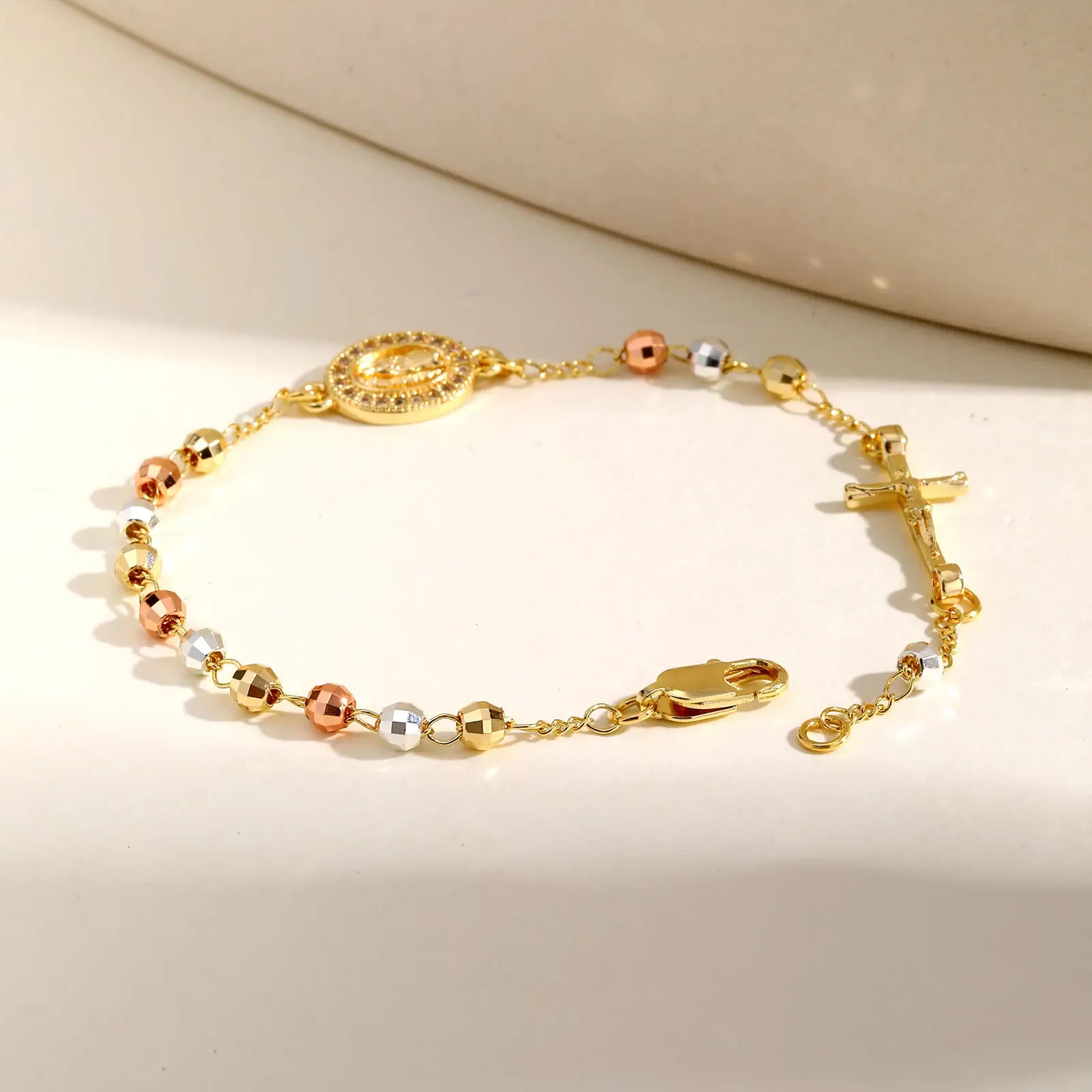 Valeria Montes Pulsera Vnox Rosario Virgen María para mujer, joyería de cuentas de oración, accesorios cruzados de acero inoxidable, pulsera, regalos de mano religiosos