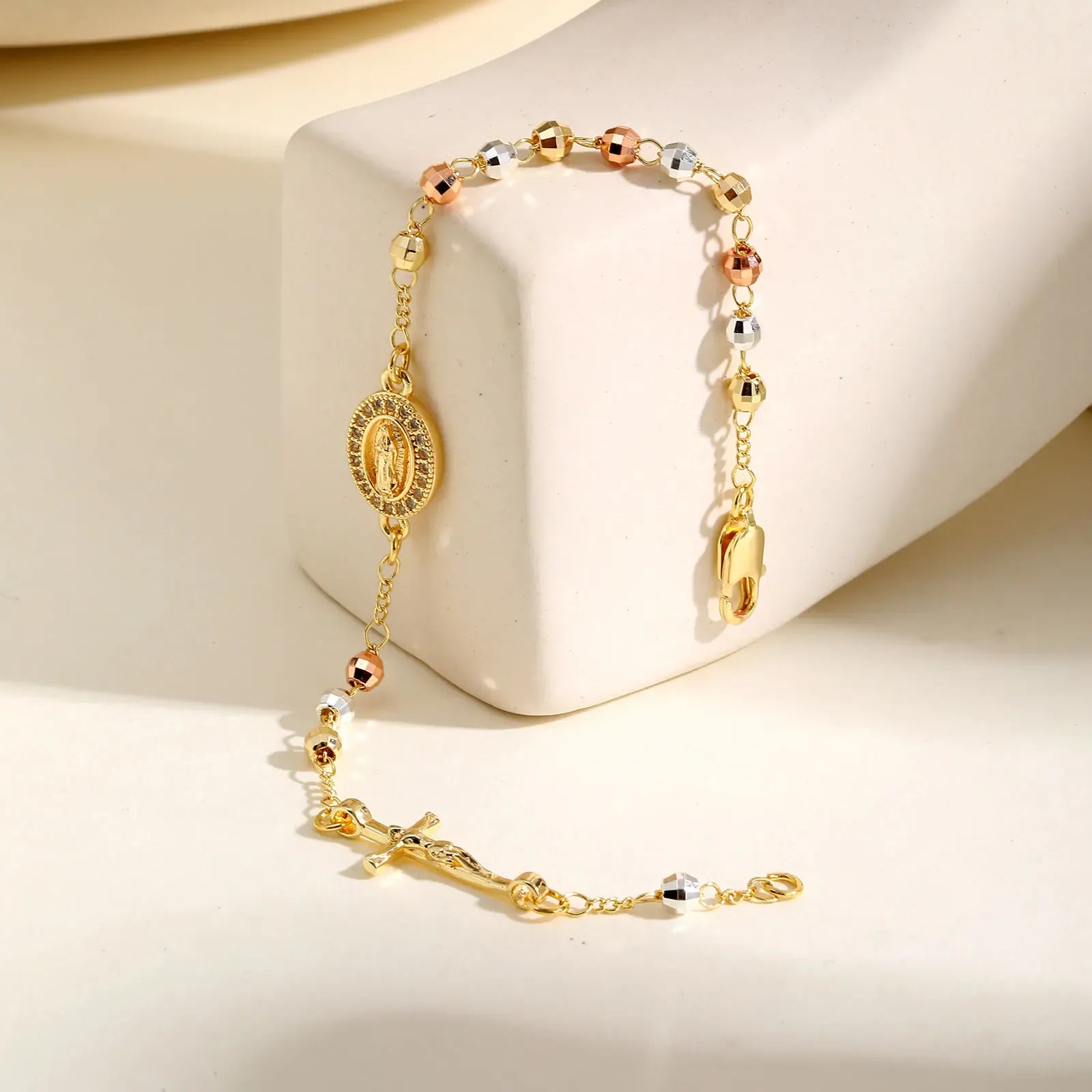 Valeria Montes Pulsera Vnox Rosario Virgen María para mujer, joyería de cuentas de oración, accesorios cruzados de acero inoxidable, pulsera, regalos de mano religiosos