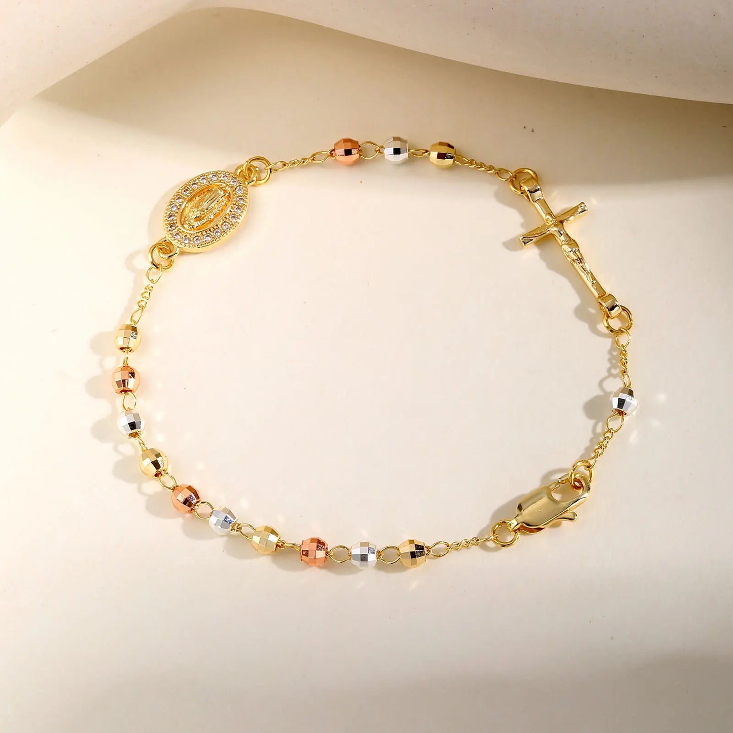 Valeria Montes Pulsera Vnox Rosario Virgen María para mujer, joyería de cuentas de oración, accesorios cruzados de acero inoxidable, pulsera, regalos de mano religiosos