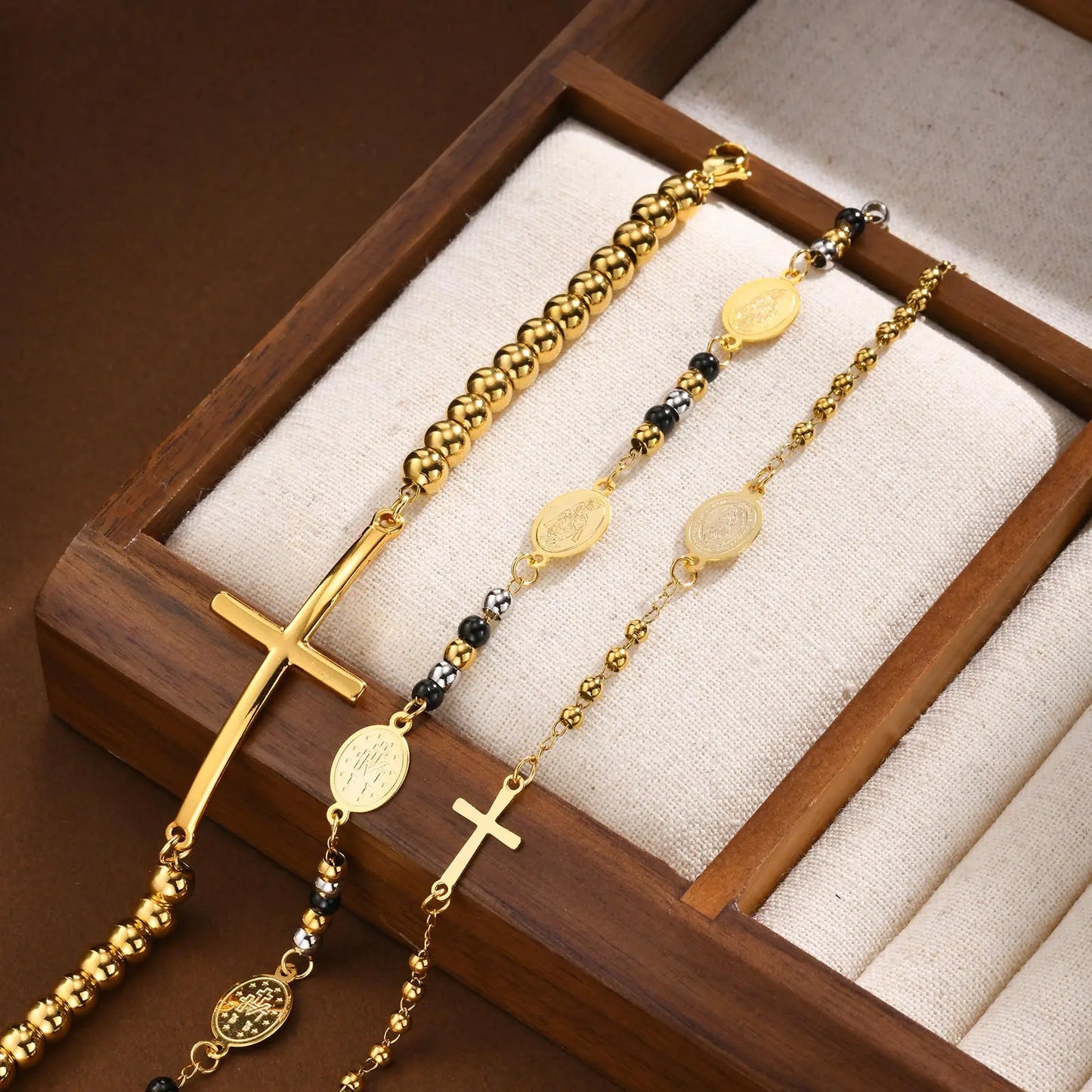 Valeria Montes Pulseras musulmanas de acero inoxidable con cuentas cruzadas, cuentas redondas de tres colores, pulsera de Nuestra Señora para mujeres y niñas, regalos de joyería islámica