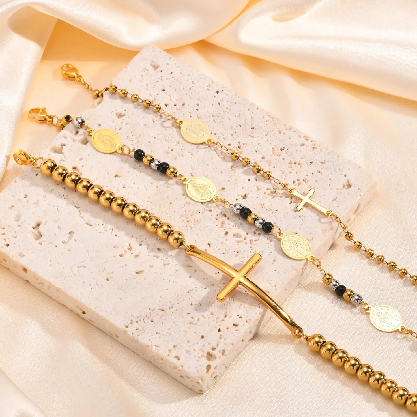 Valeria Montes Pulseras musulmanas de acero inoxidable con cuentas cruzadas, cuentas redondas de tres colores, pulsera de Nuestra Señora para mujeres y niñas, regalos de joyería islámica