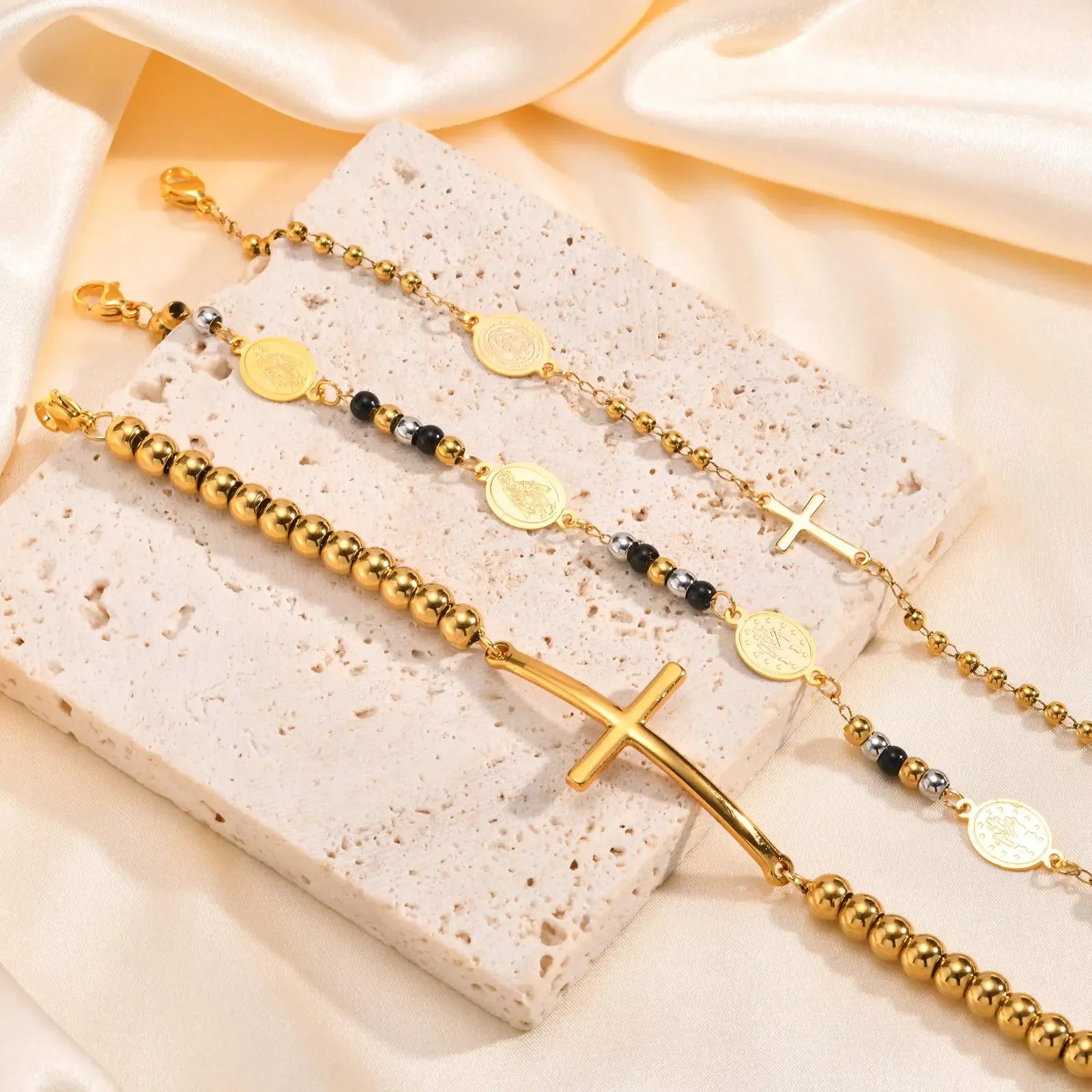 Valeria Montes Pulseras musulmanas de acero inoxidable con cuentas cruzadas, cuentas redondas de tres colores, pulsera de Nuestra Señora para mujeres y niñas, regalos de joyería islámica