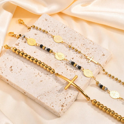 Valeria Montes Pulseras musulmanas de acero inoxidable con cuentas cruzadas, cuentas redondas de tres colores, pulsera de Nuestra Señora para mujeres y niñas, regalos de joyería islámica