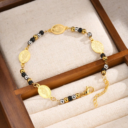Valeria Montes Pulseras musulmanas de acero inoxidable con cuentas cruzadas, cuentas redondas de tres colores, pulsera de Nuestra Señora para mujeres y niñas, regalos de joyería islámica