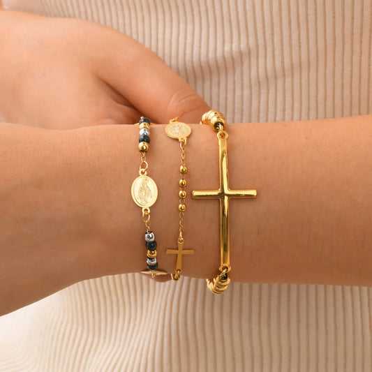 Valeria Montes Pulseras musulmanas de acero inoxidable con cuentas cruzadas, cuentas redondas de tres colores, pulsera de Nuestra Señora para mujeres y niñas, regalos de joyería islámica