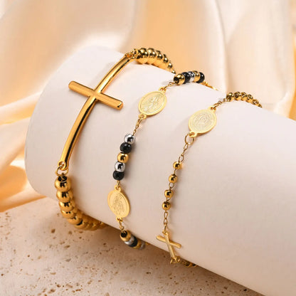 Valeria Montes Pulseras musulmanas de acero inoxidable con cuentas cruzadas, cuentas redondas de tres colores, pulsera de Nuestra Señora para mujeres y niñas, regalos de joyería islámica