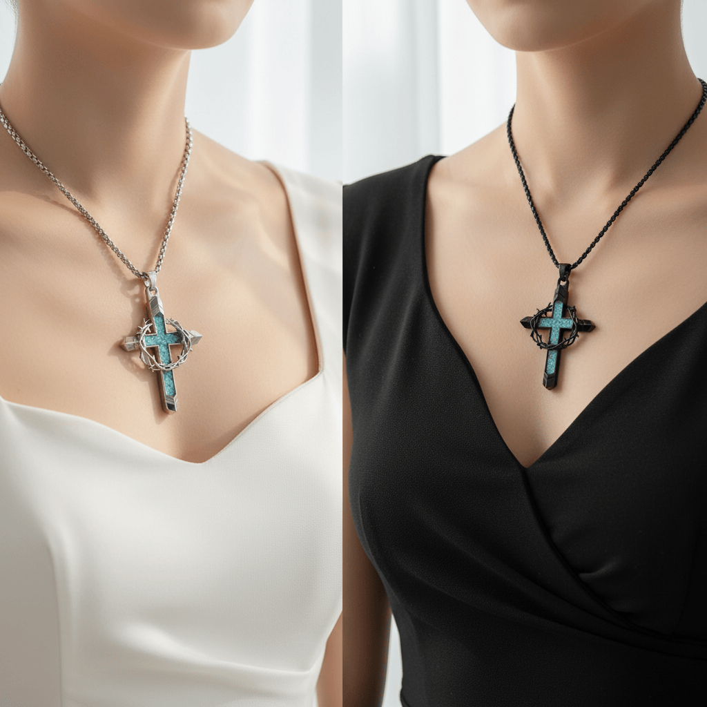 Valeria Montes Religious Jewelry Collar con Cruz de Turquesa y Corona de Espinas