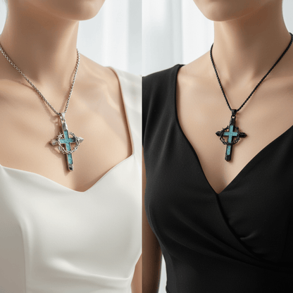 Valeria Montes Religious Jewelry Collar con Cruz de Turquesa y Corona de Espinas