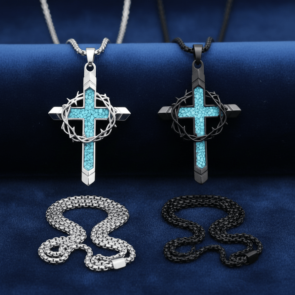 Valeria Montes Religious Jewelry Collar con Cruz de Turquesa y Corona de Espinas