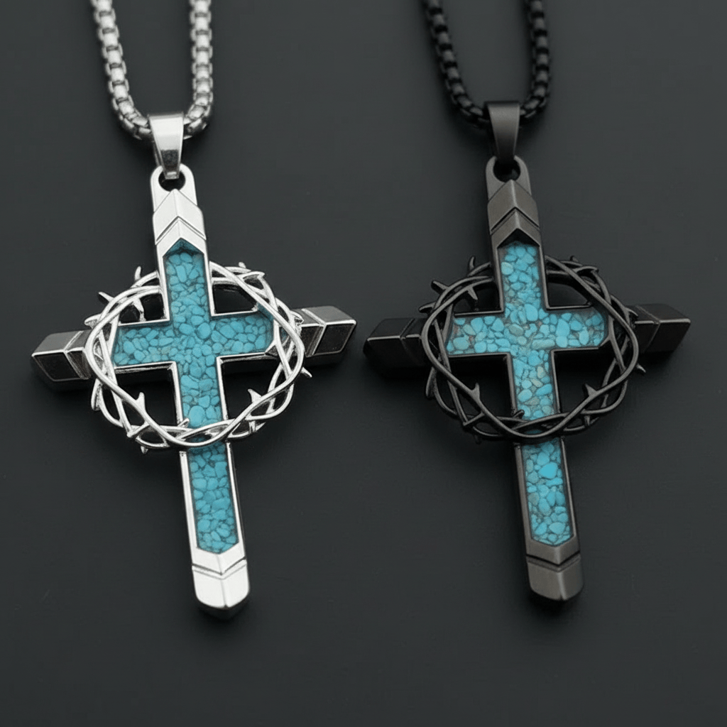 Valeria Montes Religious Jewelry Collar con Cruz de Turquesa y Corona de Espinas