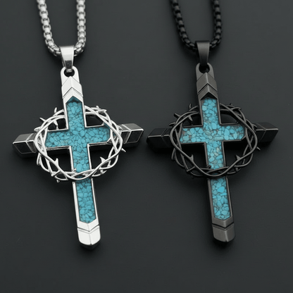 Valeria Montes Religious Jewelry Collar con Cruz de Turquesa y Corona de Espinas