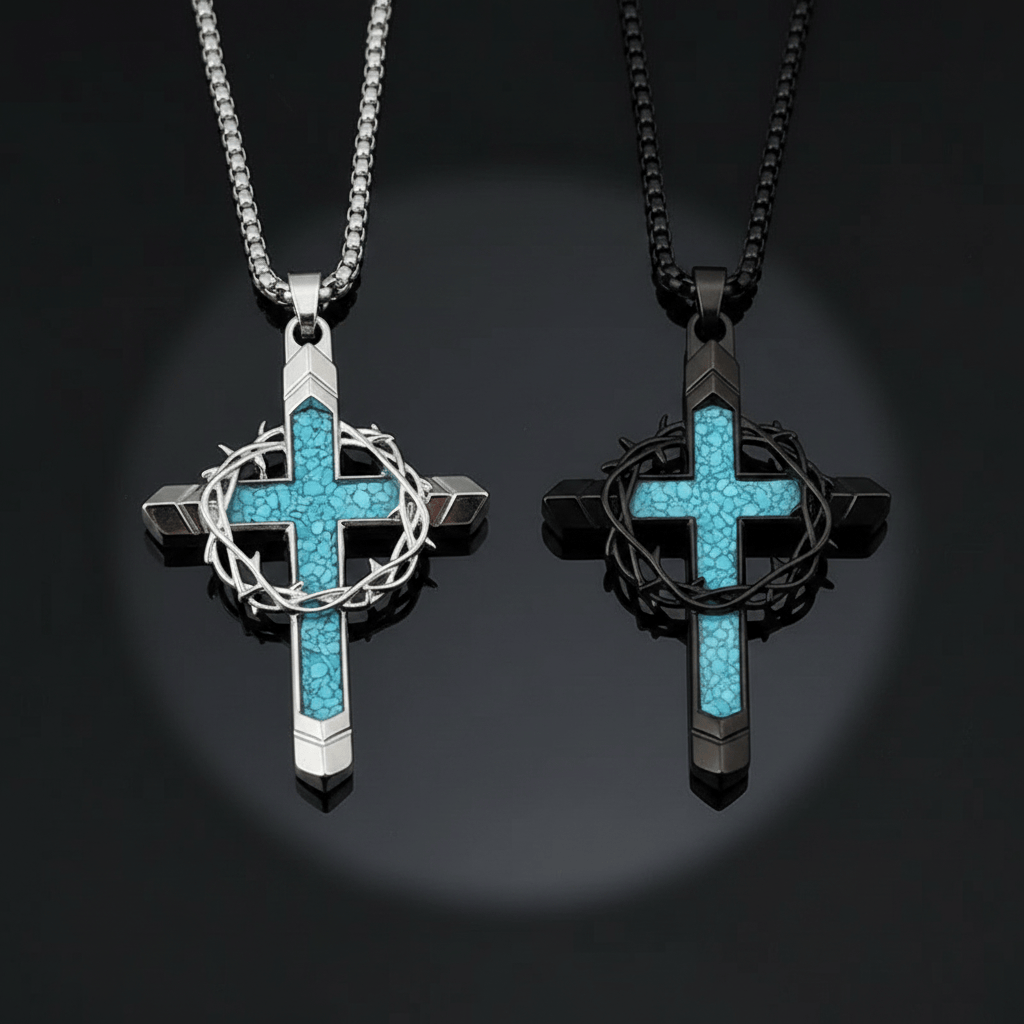 Valeria Montes Religious Jewelry Collar con Cruz de Turquesa y Corona de Espinas