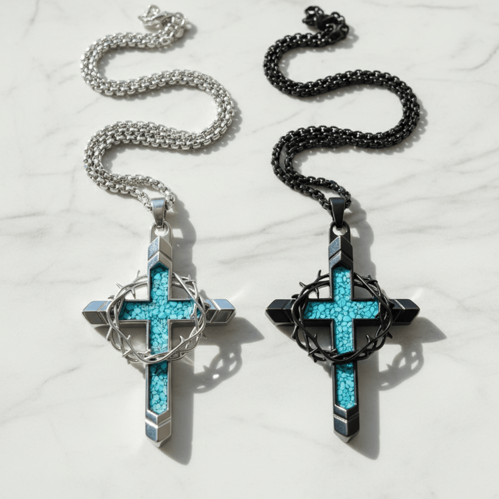 Valeria Montes Religious Jewelry Collar con Cruz de Turquesa y Corona de Espinas