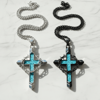 Valeria Montes Religious Jewelry Collar con Cruz de Turquesa y Corona de Espinas