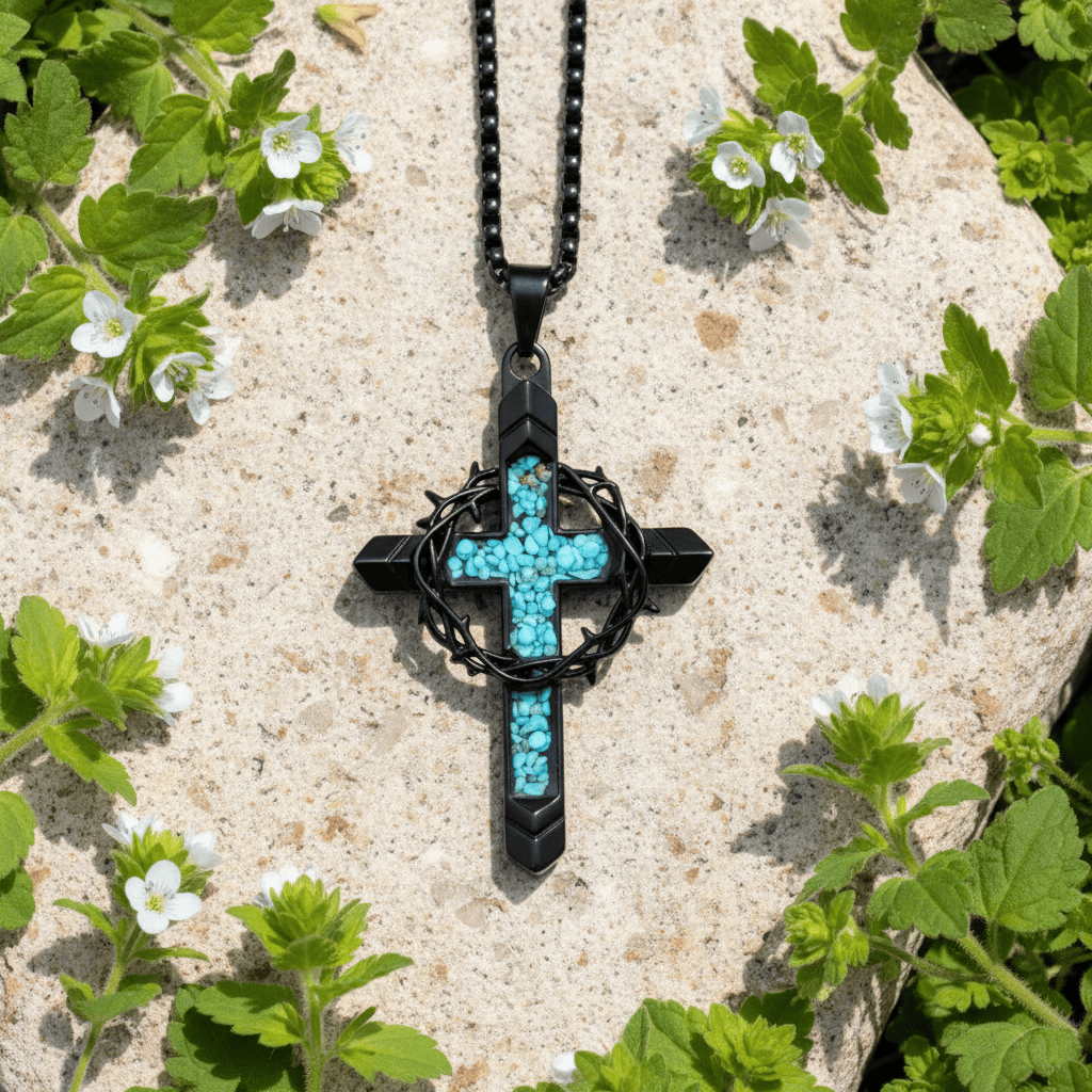 Valeria Montes Religious Jewelry Collar con Cruz de Turquesa y Corona de Espinas