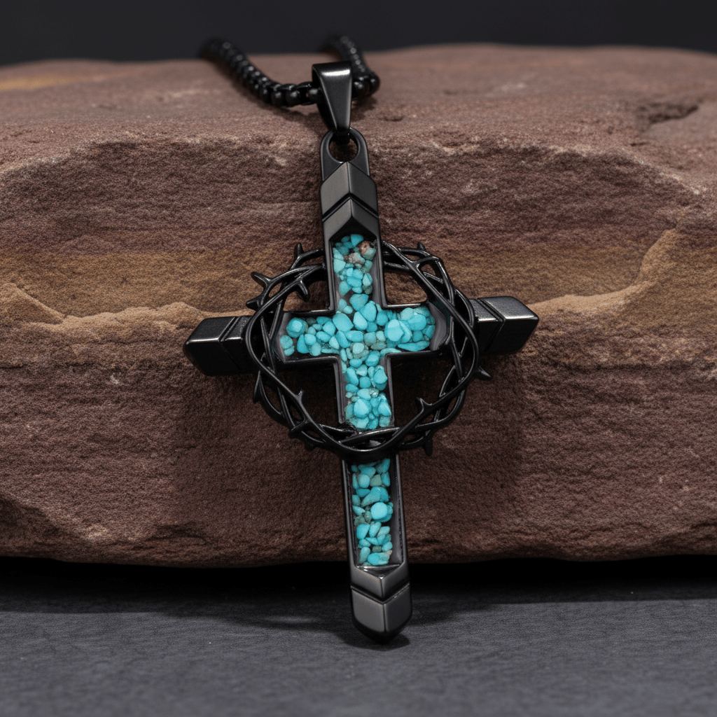 Valeria Montes Religious Jewelry Collar con Cruz de Turquesa y Corona de Espinas