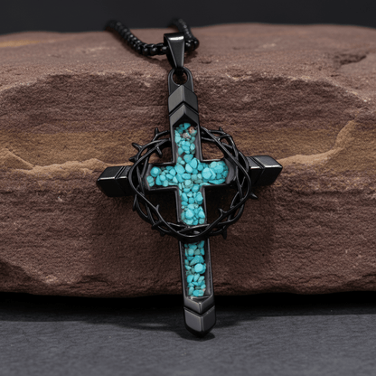 Valeria Montes Religious Jewelry Collar con Cruz de Turquesa y Corona de Espinas
