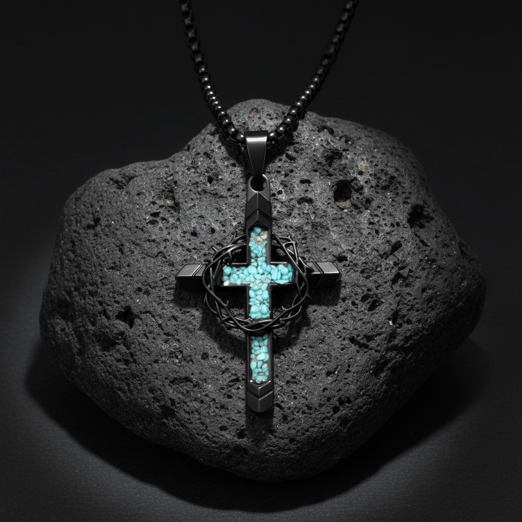 Valeria Montes Religious Jewelry Collar con Cruz de Turquesa y Corona de Espinas