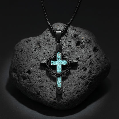 Valeria Montes Religious Jewelry Collar con Cruz de Turquesa y Corona de Espinas