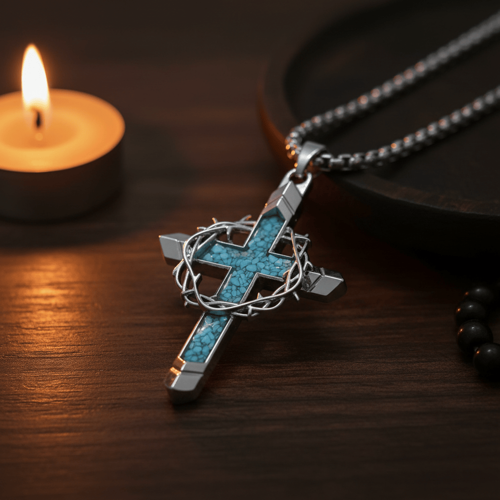 Valeria Montes Religious Jewelry Collar con Cruz de Turquesa y Corona de Espinas