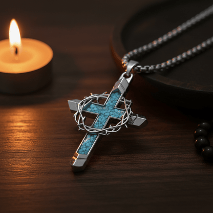 Valeria Montes Religious Jewelry Collar con Cruz de Turquesa y Corona de Espinas