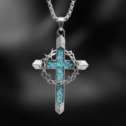 Valeria Montes Religious Jewelry Collar con Cruz de Turquesa y Corona de Espinas