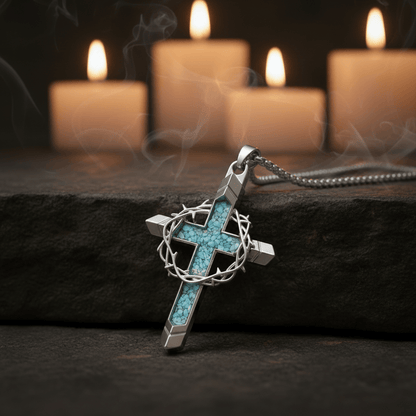 Valeria Montes Religious Jewelry Collar con Cruz de Turquesa y Corona de Espinas