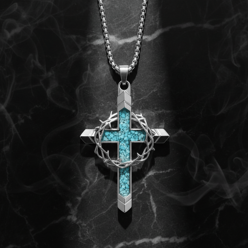 Valeria Montes Religious Jewelry Collar con Cruz de Turquesa y Corona de Espinas