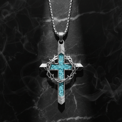 Valeria Montes Religious Jewelry Collar con Cruz de Turquesa y Corona de Espinas