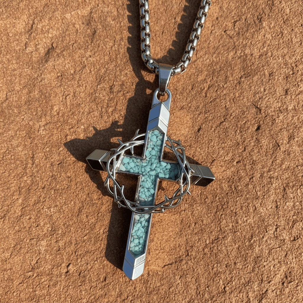 Valeria Montes Religious Jewelry Collar con Cruz de Turquesa y Corona de Espinas