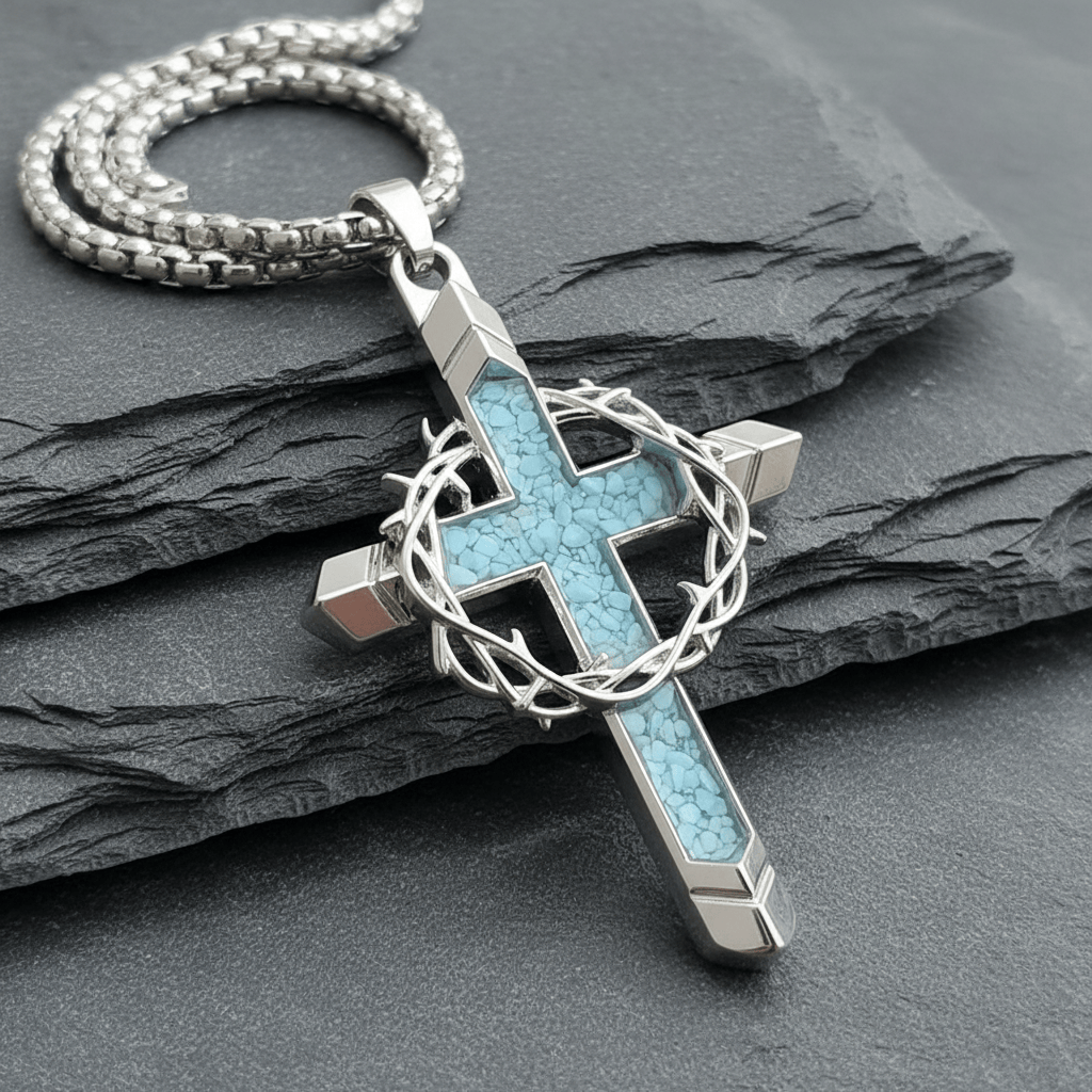 Valeria Montes Religious Jewelry Collar con Cruz de Turquesa y Corona de Espinas