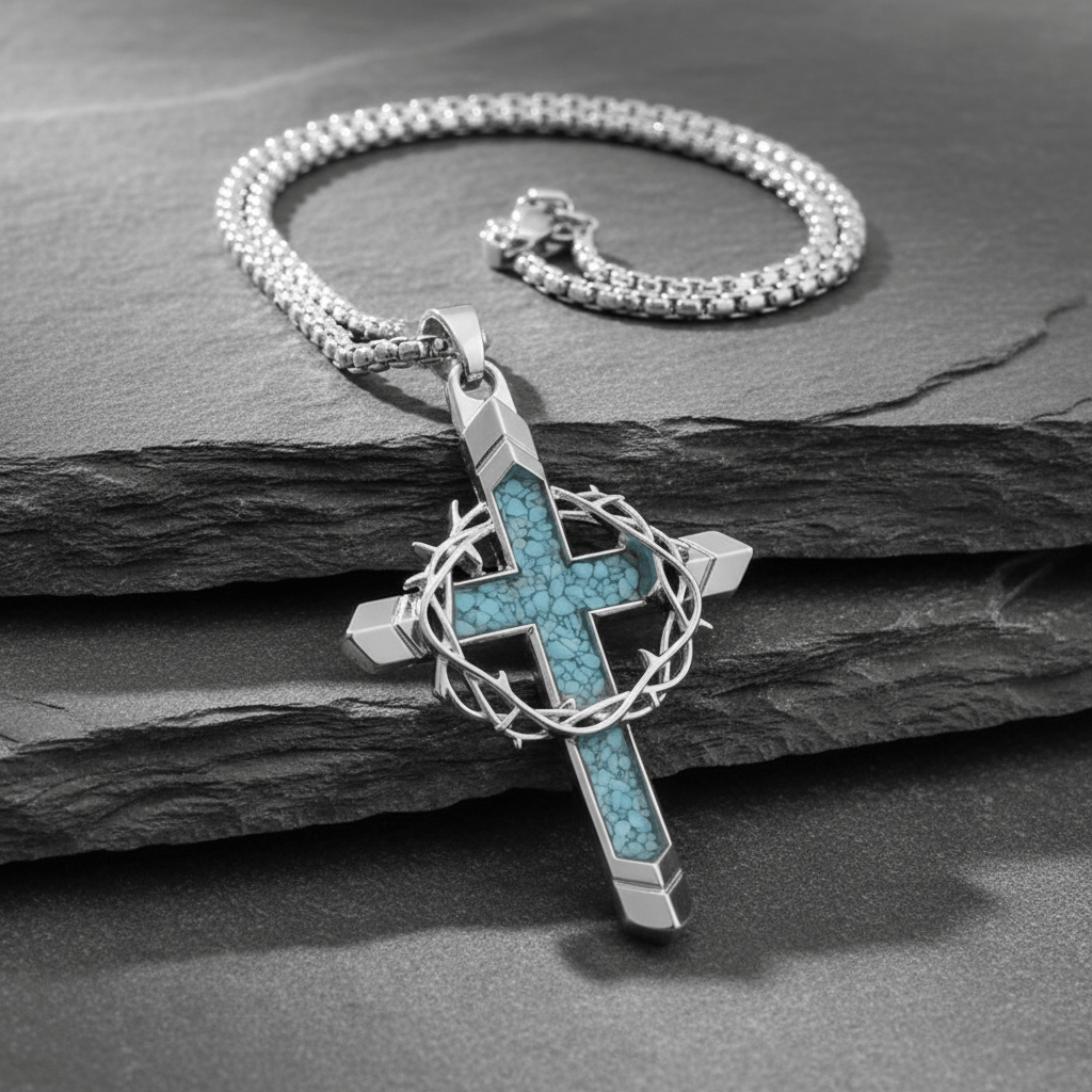 Valeria Montes Religious Jewelry Collar con Cruz de Turquesa y Corona de Espinas