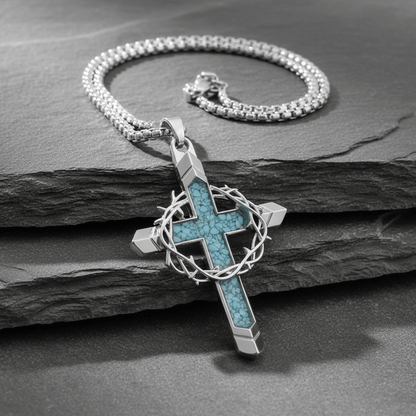 Valeria Montes Religious Jewelry Collar con Cruz de Turquesa y Corona de Espinas