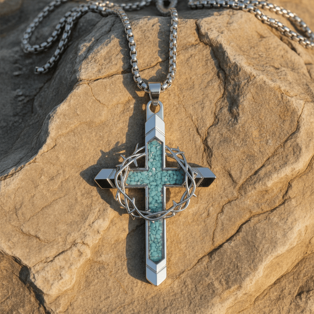 Valeria Montes Religious Jewelry Collar con Cruz de Turquesa y Corona de Espinas