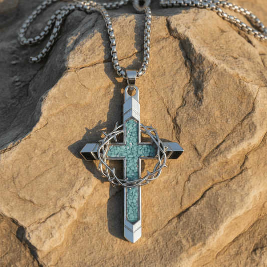 Valeria Montes Religious Jewelry Collar con Cruz de Turquesa y Corona de Espinas