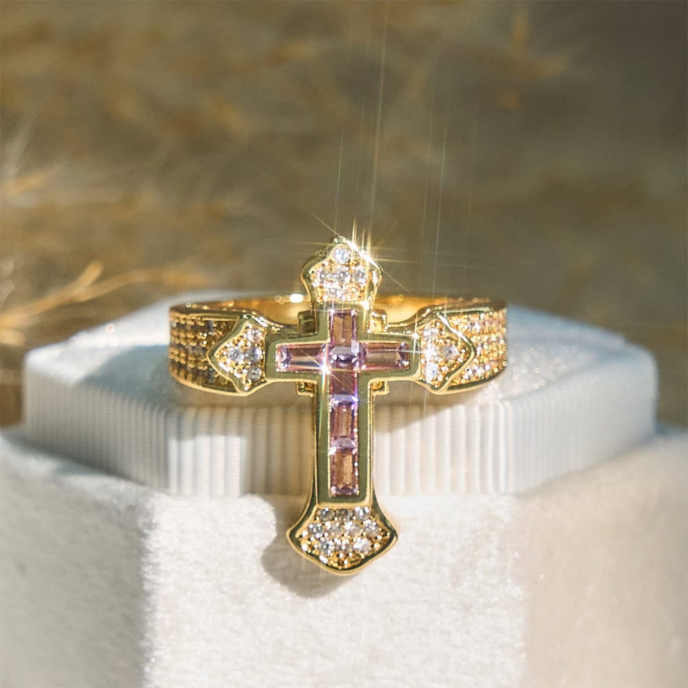 Valeria Montes ring Circonita Dorada y Morada / 6 Anillo con Motivo de Cruz Central y Detalles de Circonitas
