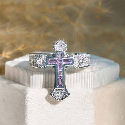 Valeria Montes ring Plata y Circonita Morada / 6 Anillo con Motivo de Cruz Central y Detalles de Circonitas