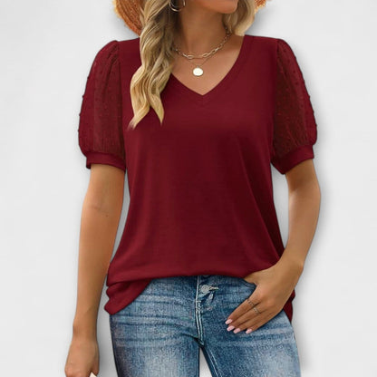 Valeria Montes rojo burdeos / S TOP CON CUELLO ALTO EN V Y MANGAS TRANSPARENTES